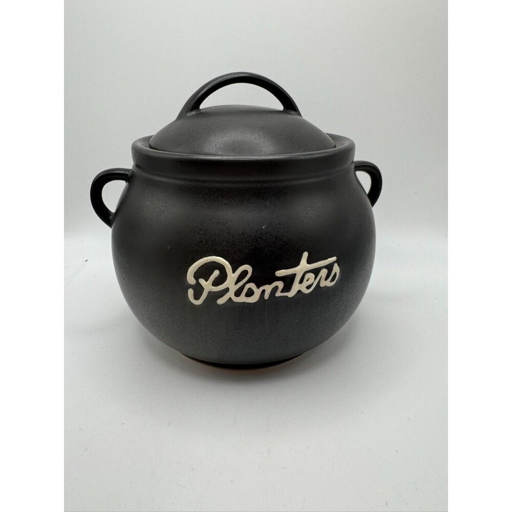 Vintage Planters Bean Pot Type Container with Lid 1970s Black Glass Jar Cookie